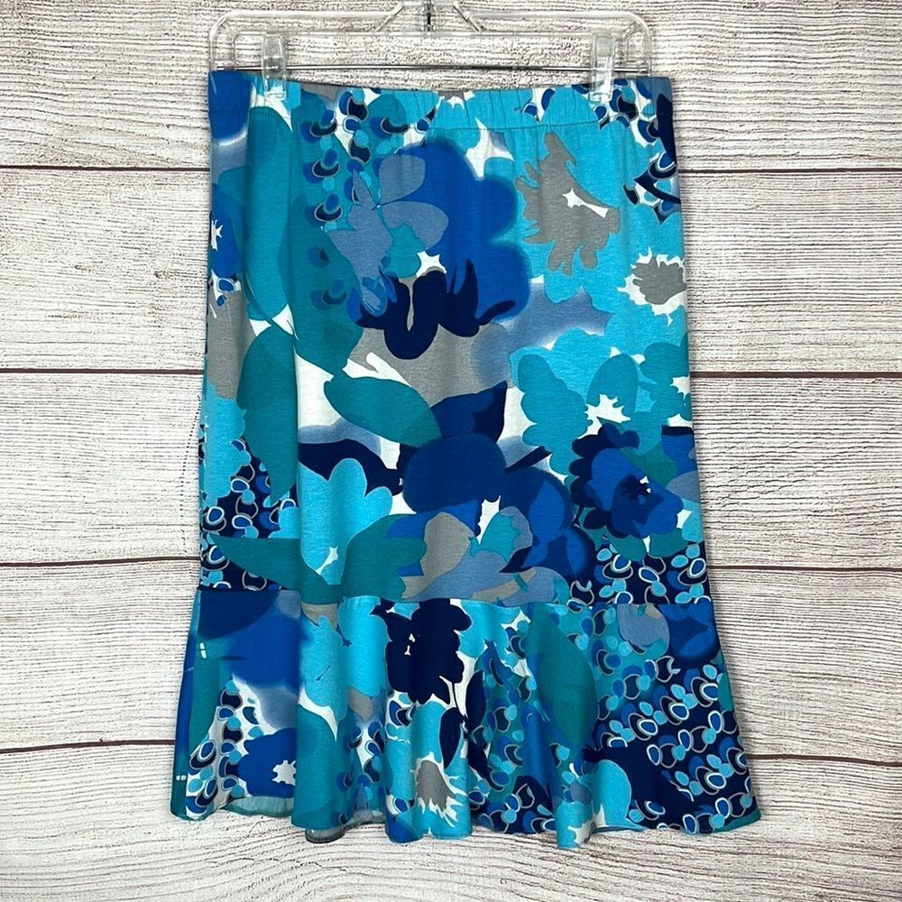 SHEN New York Knit Blue Floral Skirt Elastic Waist
